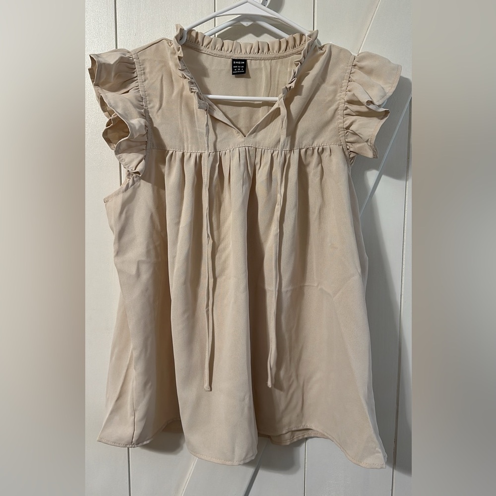 SHEIN Tan and Cream Flutter Sleeve Blouse